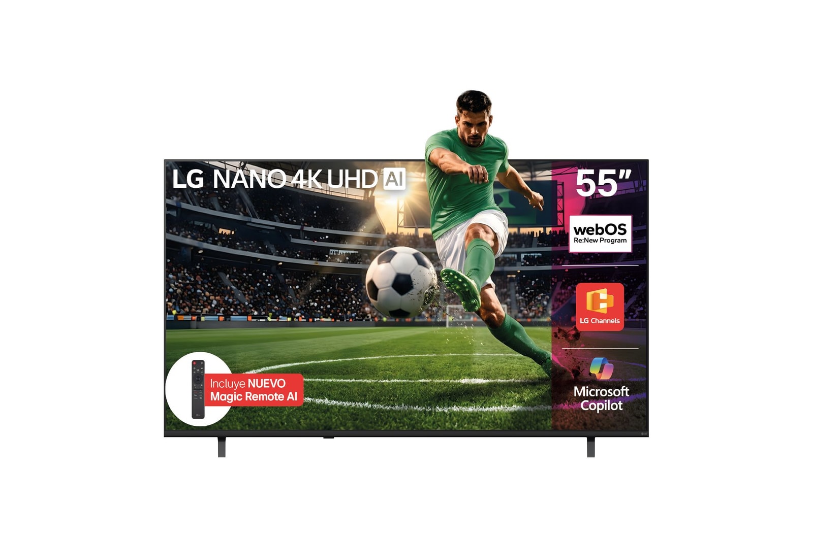 Vista frontal de TV LG NANO 4K UHD AI NU855 de 55 pulgadas 2026 55NU855BPSA